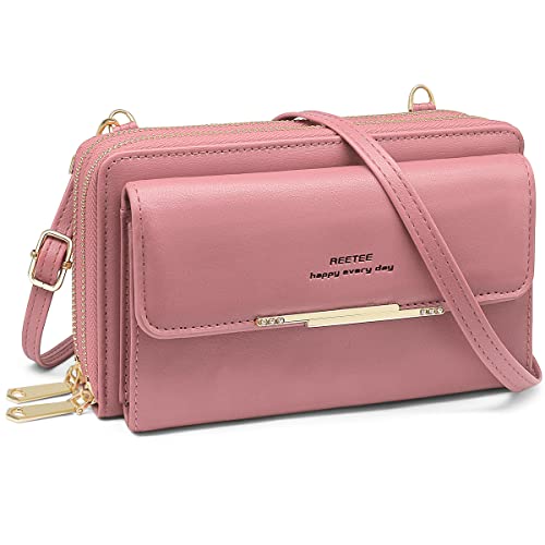 Handytasche Zum Umhängen Damen Handy Umhängetasche RFID Schutz Geldbörse PU Leder Handy Portemonnaie mit 24 Kartenfächer Handy Schultertasche Reißverschluss Crossbody kleine Handy Tasche (Rosa) von REETEE