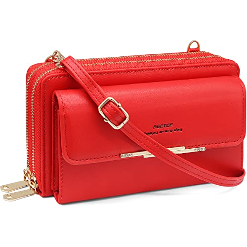 REETEE Handytasche Zum Umhängen Damen Handy Umhängetasche RFID Schutz Damen Geldbörse PU Leder Handy Geldbeutel mit 24 Kartenfächer Handy Schultertasche Reißverschluss Crossbody kleine Tasche(rot) von REETEE