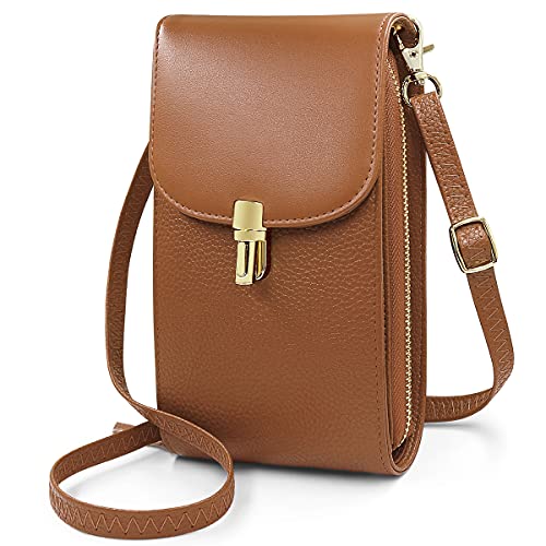 REETEE Damen Kleine Handy Schultergurt aus echtem Leder Mini Handtasche Umhängetasche Handy Tasche Frauen Geldbörse mit verstellbarem Schultergurt, braun, L, Schultergurt von REETEE