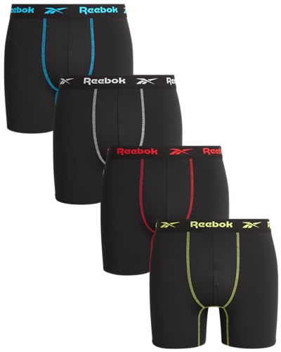 Rebook Herren-Unterwäsche – 4er-Pack, atmungsaktive Performance-Herren-Boxershorts, feuchtigkeitsableitend, aktive Herren-Unterwäsche, Pack S-4XL, Schwarz/Schwarz Kontrastnähte, X-Large von Reebok