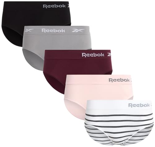 Reebok Damen Hipster-Unterhosen - 5er Pack Atmungsaktive Performance Stretch Hipster-Slips - Nahtlose Unterwäsche für Frauen (S-XL), Größe M, Schwarz/Hellgrau/Merlot/Hellrosa/Streifen von Reebok
