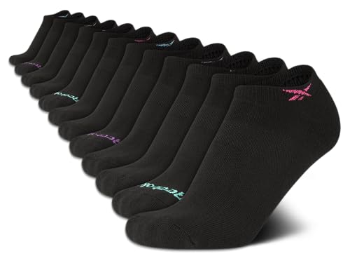 Reebok Damen No Show Athletic Atmungsaktive Low Cut Gepolsterte Socken (12 Stück), Schwarzes Logo, mehrfarbig, 36.5-43 EU von Reebok