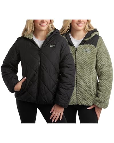Reebok Damen Puffer Jacke - Gesteppte Puffer Reversible zu Faux Fleece Jacke - Isolierte Winterjacken für Frauen (S-XL), Schwarz, XL von Reebok
