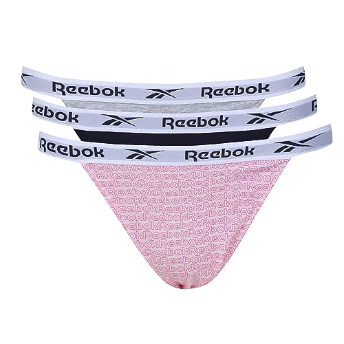 Reebok Damen Tanga-Slips in Navy/Print/Grau | Bequeme Baumwolle und Microfaser-Taillenbund Fitness-Unterwäsche - Packung mit 3 Stück von Reebok