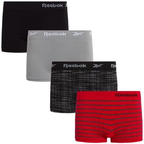 Reebok Damen Unterwäsche - Nahtlose Boyshort Höschen (4er Pack), Crimson Stripe/Black/Sharkskin/Black Jacquard, L von Reebok