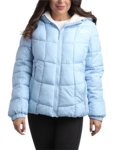 Reebok Damen-Winterjacke – schwerer, gesteppter Puffer-Parka, Wintermäntel – Sherpa-Futter, warme Skijacke für Damen (Größe S-XL), hellblau, L von Reebok