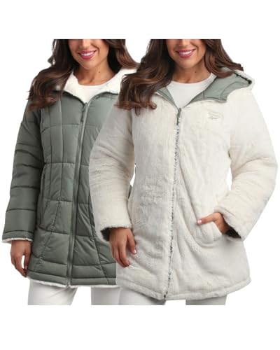 Reebok Damen-Winterjacke – Sherpa-Fleece gefüttert, wendbar, isoliert, Puffer-Parka, Wintermantel für Damen mit Kunstfell-Kapuze, Salbei, M von Reebok