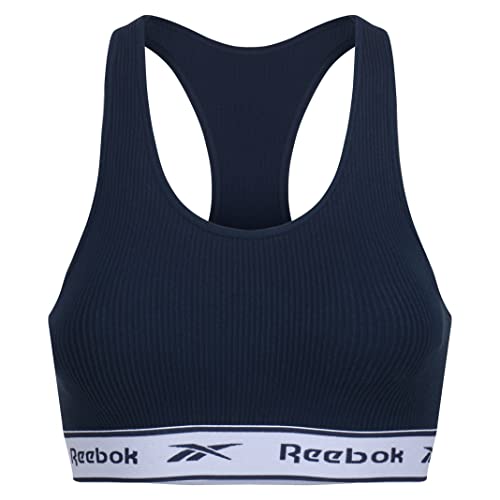 Reebok Damen nahtloses Geripptes Crop-Top mit herausnehmbaren Pads, drahtloser Ausschnitt, Racerback in Marineblau Sport-BH, Navy, Small von Reebok