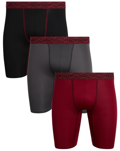 Reebok Herren 3er-Pack Performance Kompressionsunterwäsche – weiche Stretch-Boxershorts mit langem Bein (S-XL), Magnet/Tibetisches Rot/Schwarz, Large von Reebok