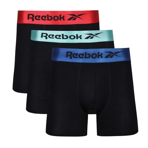 Reebok Herren Boxershorts aus Bambus-Stoffmix, super weich, Viskose Badehose, Schwarz/Vector Red/Blue/Classic Teal, S von Reebok