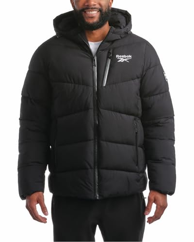 Reebok Herren Puffer Jacke - Comfort Stretch Isolierte Pufferjacke mit Kapuze - Warme Kapuzenjacken für Männer (S-XXL), Schwarz, X-Large von Reebok
