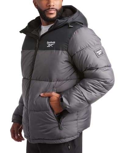 Reebok Herren Puffer Jacke - Schwerer gesteppter Puffermantel mit breiter Kapuze - wetterbeständige Skijacke für Herren (M-XXL), Schwarz/Dunkelgrau, Large von Reebok
