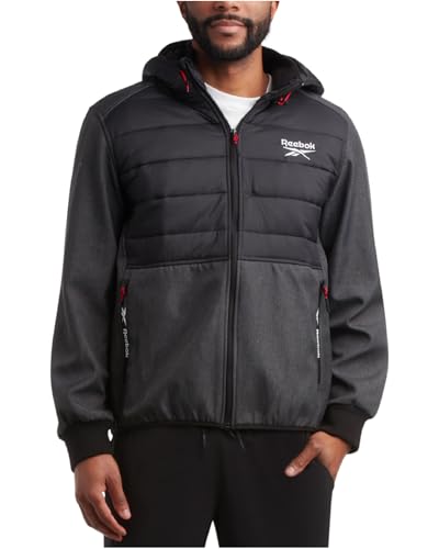 Reebok Herren Softshelljacke – leichte wetterfeste Jacke mit Kapuze für Herren mit Nylon-gesteppter Brust (S-XXL), Anthrazit/Schwarz, L von Reebok