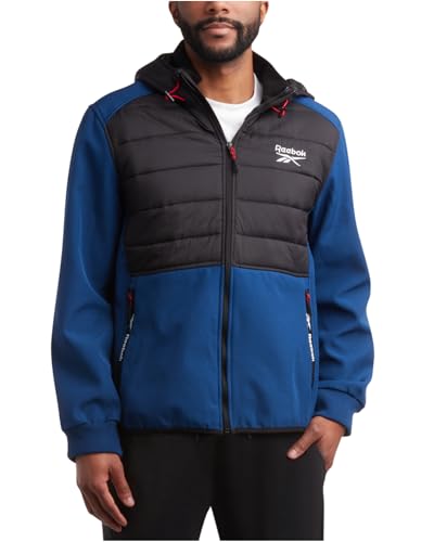 Reebok Herren Softshelljacke – leichte wetterfeste Jacke mit Kapuze für Herren mit Nylon-gesteppter Brust (S-XXL), Northern Night/Schwarz, L von Reebok