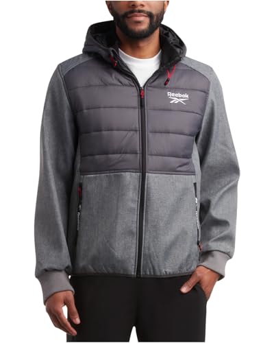 Reebok Herren Softshelljacke – leichte wetterfeste Jacke mit Kapuze für Herren mit Nylon-gesteppter Brust (S-XXL), Pure Grey Heather/Charcoal, M von Reebok