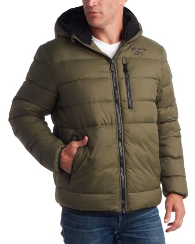 Reebok Herren Winterjacke - Heavyweight Quilted Puffer Parka Coat - Skijacke für Männer, Sherpa gefütterte Kapuze (S-XL), Militär, X-Large von Reebok