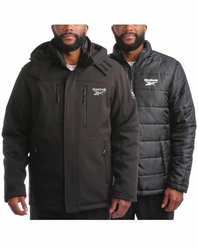Reebok Herren Wintermantel – Softshelljacke mit abnehmbarem Puffermantel – System-Skijacke für Herren (Größe M-XXL), Schwarz (Jet Black), Medium von Reebok