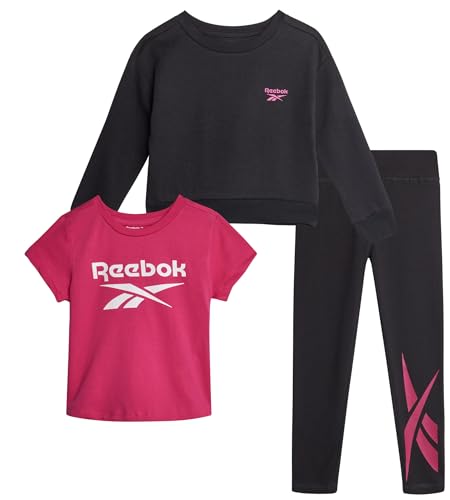 Reebok Sportliche Sets für Kleinkinder und kleine Mädchen – 3-teiliges Grafik-T-Shirt, Sweatshirt und aktive Legginghose für Mädchen, Schwarz, 4 Jahre von Reebok