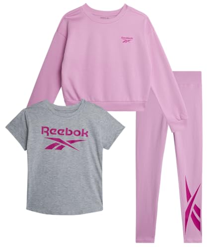Reebok Aktives Mädchen-Leggings-Set – 3-teiliges athletisches T-Shirt mit Rundhalsausschnitt, kurzärmelig, Sweatshirt und Leggings für Mädchen, Pink, 8 von Reebok