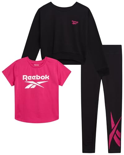 Reebok Aktives Mädchen-Leggings-Set – 3-teiliges athletisches T-Shirt mit Rundhalsausschnitt, kurzärmelig, Sweatshirt und Leggings für Mädchen, Schwarz, 10 von Reebok