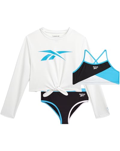 Reebok Mädchen Rashguard Set 3 Stück UPF 50+ Langarm Schwimmshirt mit Bikini Badeanzug Bademode Set für Mädchen (4-16), Farbe: Schwarz, 7 von Reebok