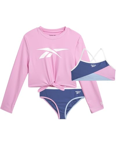 Reebok Mädchen Rashguard Set 3 Stück UPF 50+ Langarm Schwimmshirt mit Bikini Badeanzug Bademode Set für Mädchen (4-16), Violetter Farbblock, 12 von Reebok