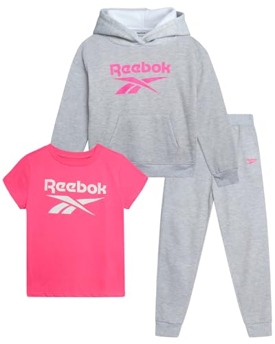 Reebok Mädchen-Sweatanzug-Set – 3-teiliges passendes Set mit kurzärmeligem Grafik-T-Shirt, Sweatpants und Hoodies für Teenager-Mädchen, Light Grey Heather 2, 8 von Reebok
