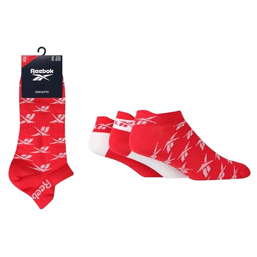 Reebok Unisex-Sneakersocken "Essentials" – Herren & Damen, gemusterter Logo-Druck, Baumwolle, mit Fußgewölbeunterstützung, 3 Paar Multipack, Größe 35-44, Rot / Weiß / Rot, 6.5-8 UK von Reebok