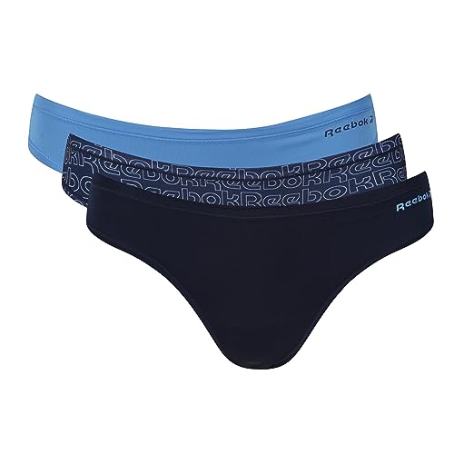 Reebok Women's Damen Tangas in Marineblau/Druck/Weiß | Bequem und dehnbar-Packung mit 3 Stück Thong Panties, Vektor Navy/Navy Print/Blau, 38 von Reebok