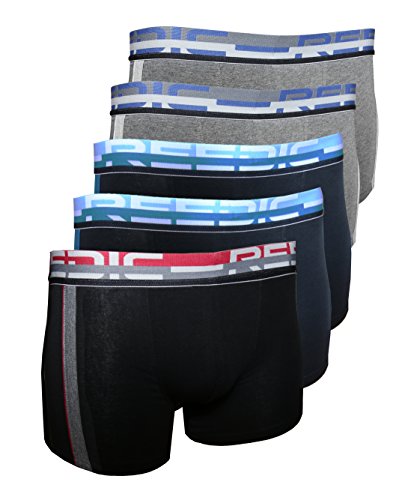 Reedic Herren Boxershorts, Baumwolle, 5er Pack, Größe Medium (M), Farbe je 2X grau, blau 1x schwarz-rot von Reedic