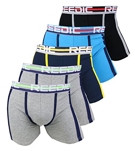 Reedic Herren Boxershorts Baumwolle 5er Pack, Größe Medium (M), Farbe je 2X grau, je 1x schwarz, dunkelblau, türkis von Reedic