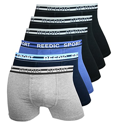 Reedic Herren Boxershorts Baumwolle 6er Pack, Größe X-Large (XL), Farbe je 3X schwarz, je 1x blau, dunkelblau, grau von Reedic