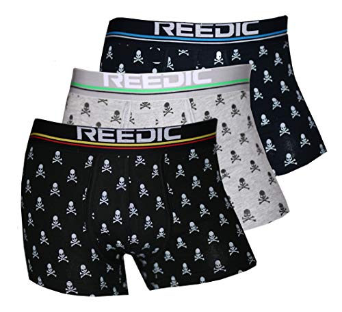 Reedic Herren Boxershorts Baumwolle mit Totenkopf-Motiv im 3er Pack, Größe Medium (M), Farbe je 1x grau, dunkelblau, schwarz von Reedic