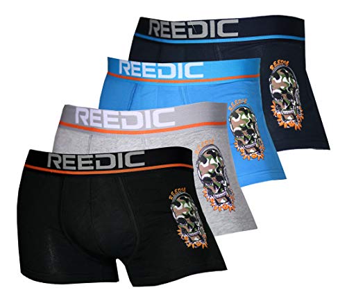 Reedic Herren Boxershorts Baumwolle mit Totenkopf-Motiv im 4er Pack, Größe Medium (M), Farbe je 1x schwarz, grau, dunkelblau, blau von Reedic