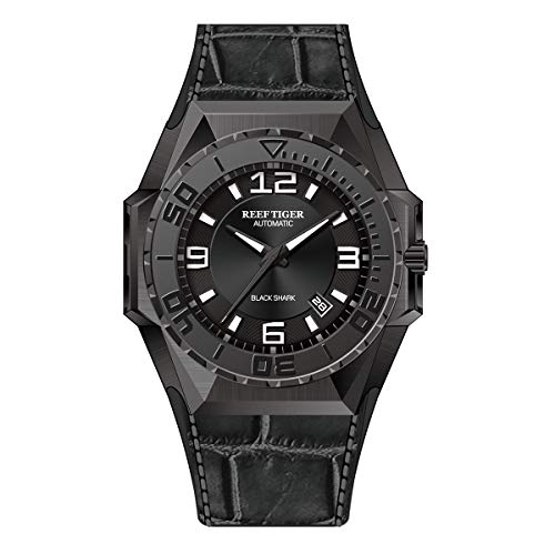 REEF TIGER Herren Uhr PVD analog Automatik mit Leder Armband RGA6903 (RGA6903-BBB) von REEF TIGER