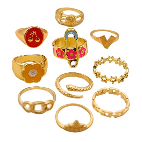 10 Stücke Gold Retro Stern Ringe Set Für Frauen Mädchen Vintage Stapelbar Boho Fingerringe Legierung Strass Ringe Retro Geometrie Ring Damenring Herz (c-Gold, One Size) von Reepetty