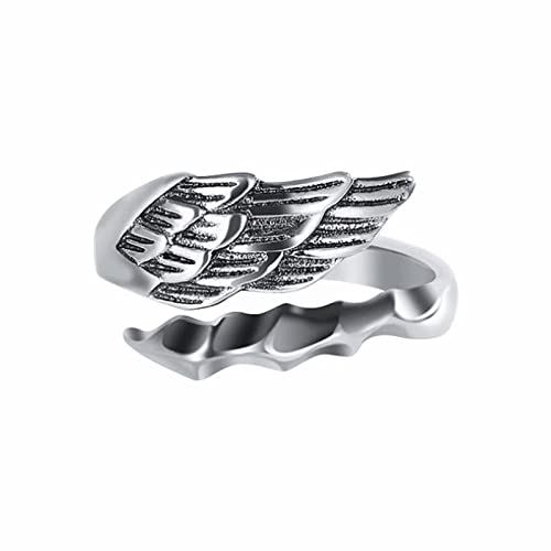 Damen Echtschmuck Ring Edelstahl Engelsring Herren Einzelring Persönlichkeit Trend Offener Ring Retro Thai Silber Flügel Ring Ordner Schmal 4 Ringe (Silver-b, One Size) von Reepetty