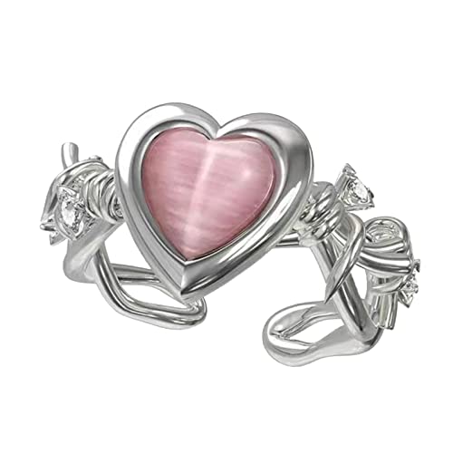 Damen Ring Vintage Dorn Herz Ring Rosa Opal Pfirsich Herz Schmuck Offener Ring Weibliches Design High End Geschenk Trend Offener Pfirsich Herz Verstellbarer Ring Ringe Für Günstig (f-Pink, One Size) von Reepetty