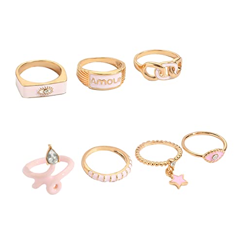 Damen Ring Vintage Rosa tropfendes Öl verkrusteter Brillenring 7-teiliges Ketten-Serpentin-Stern-Anhänger-Ring-Set Ringe Für Freundin (F-Pink, One Size) von Reepetty