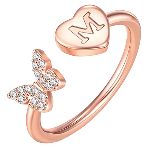 Holz Ringe Finger Stapelbare Anfangsringe für Frauen Mädchen Roségold plattierter Schmetterling Großbuchstabe Anfangsringe für Frauen Teenager Mädchen Buchstabenringe Stapelbare Ringe (M, One Size) von Reepetty