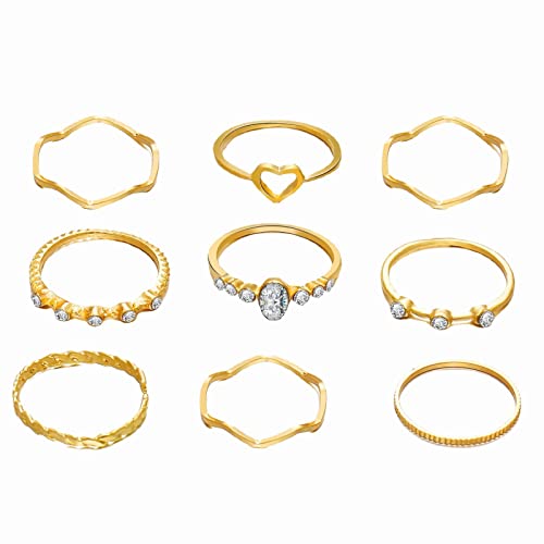 Reepetty Einfacher Damen-Gelenkring Love Wave Ring 9-teiliges Set Ringöffnung Edelstahlring Stacked Wear Ring Damen Echtschmuck Ring (Gold-D, One Size) von Reepetty