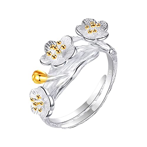 Reepetty Pflaumenblüten Ring Muttergeschenk Pflaumenblüten Offener Ring Accessoires Kleine Frische Einfache Textur Damen Echtschmuck Ring Edelstahl (Silver-8, One Size) von Reepetty