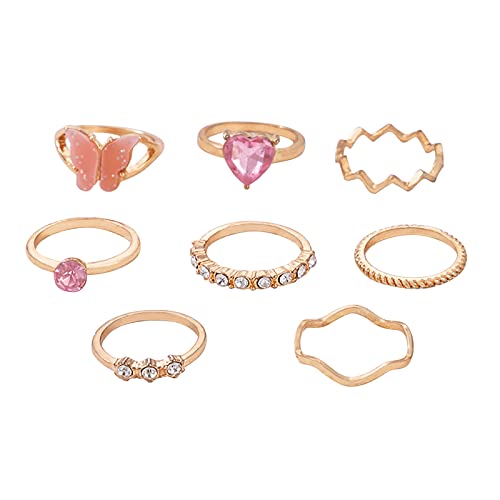 Reepetty Weibliche Rosa Schmetterling Herz Welle Ring Set Vintage Metall Gold Farbe Strass Fingerringe Party Schmuck Geschenke Herz Ringe Frauen (Pink-D, One Size) von Reepetty