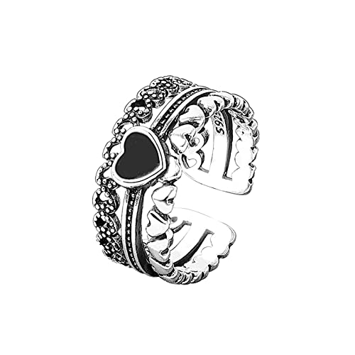 Ring für Damen Vintage Ring Fee schwarzes Herz stapelbar Retro Punk offener Fingerring für Frauen Mädchen Ringe Lose (Silver-a, One Size) von Reepetty