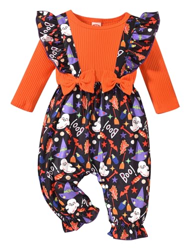 Baby Mädchen Halloween Kleidung Rüschen Langarm Body Strampler Geripptes Schleifen Jumpsuit Outfit Set 0-3 Monate von Refein