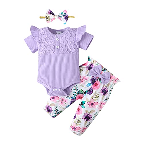 Baby Mädchen Kleidung Rüschen Kurzärmelig Gerippter Strampler Jumpsuit Blumenhose Stirnband Set von Refein