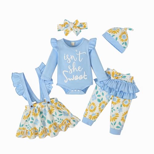 Kleinkind Baby Mädchen Kleid Kleidung Set Ruffle Sleeve Buchstaben Top Floral Suspender Rock Hose 5PCS Outfit von Refein