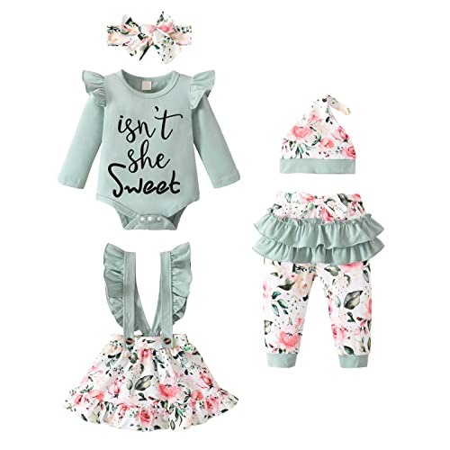 Kleinkind Baby Mädchen Kleid Kleidung Set Ruffle Sleeve Buchstaben Top Floral Suspender Rock Hose 5PCS Outfit von Refein