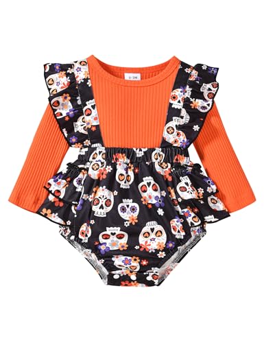 Neugeborene Baby Mädchen Kleidung Halloween Set Rüschen Langarm gerippter Strampler Blumige Smash-Kleid Overall 3-6 Monate von Refein