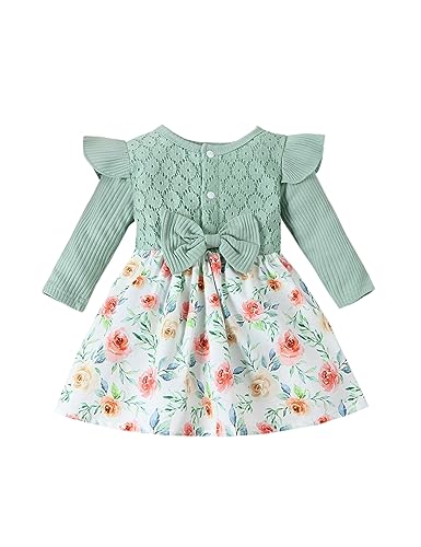 Neugeborenes Baby Mädchen Kleidung Rüschen Langarm gerippt Strampler Kleid Spitze Stickerei Floral Bowknot Jumpsuit Onesies Outfit Set von Refein